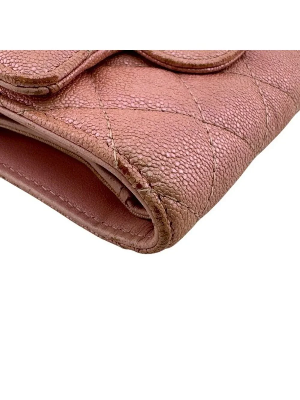 Chanel Quilted Caviar Leather Trifold Wallet Compact Pink Gold